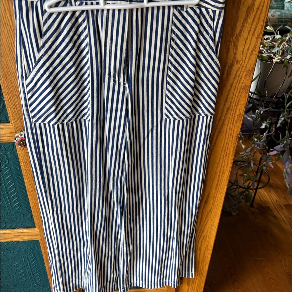 FRNCH Navy and White Striped Wide Leg Ankle Pants
